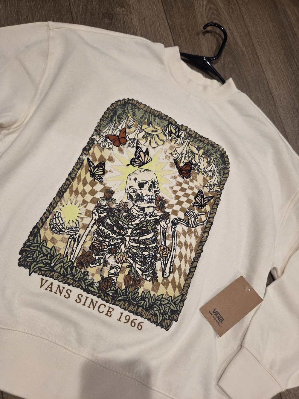 Vans Cream Crewneck Sweatshirt with Skeleton & Butterfly Graphic